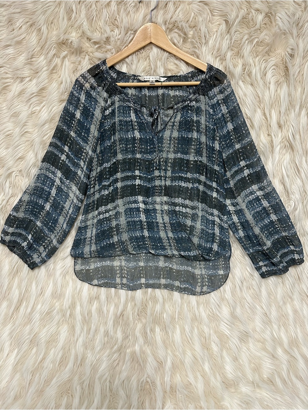 Max Studio Blue Gray Plaid Boho Peasant Blouse Size S